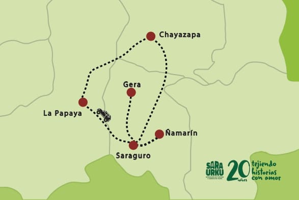 Un mapa de Saraguro mostrando la ruta de del tour corto Saraguro Esencial.